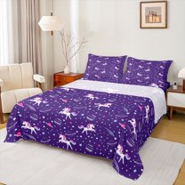 jejeloiu Kawaii Unicorn Full Size Sheets,Cute Planet Stars Bed Sheets,Purple Pink White Sheet Sets For Girls,Microfiber Bedroom Decor,4pcs