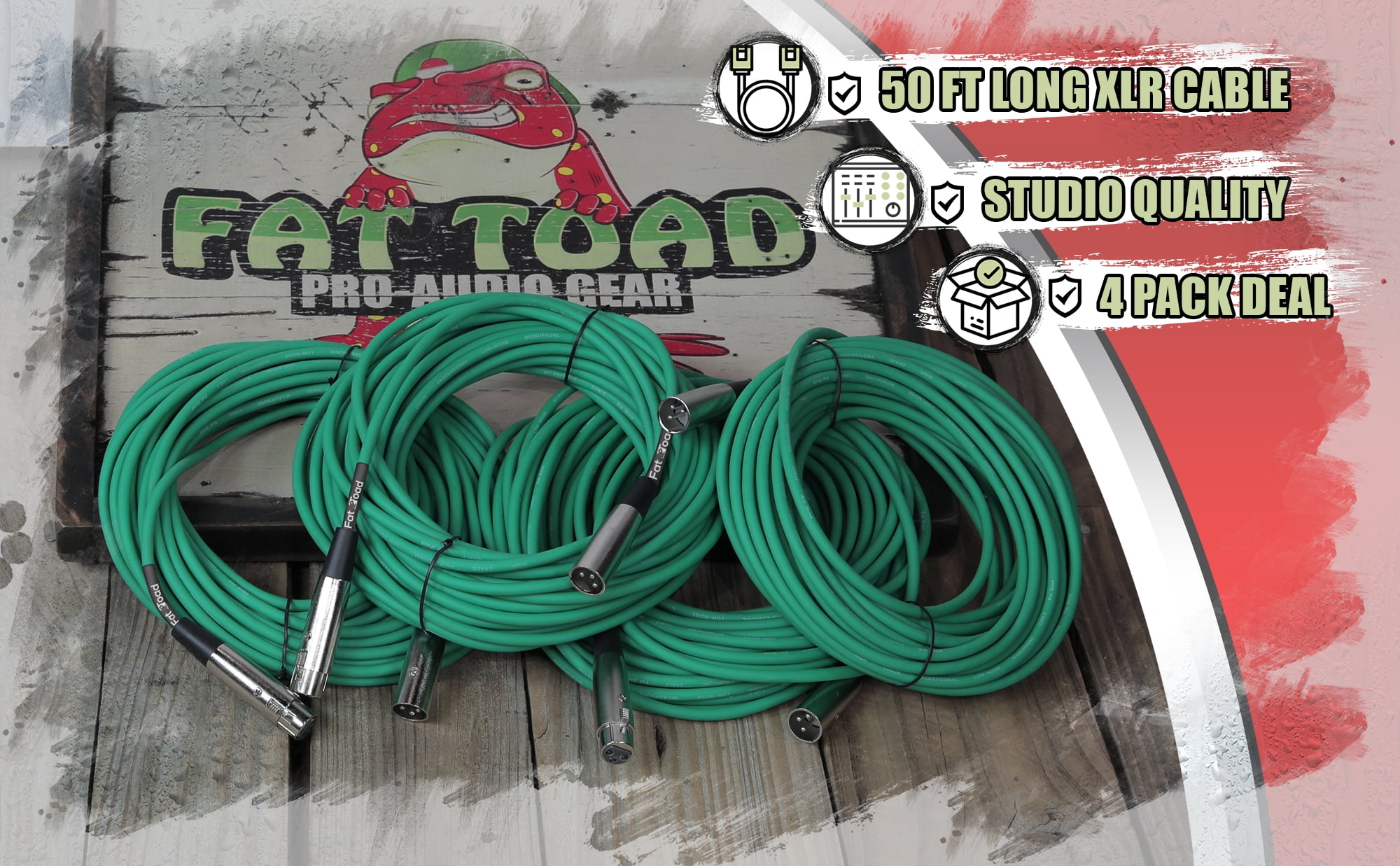 Fat Toad XLR Microphone Cables (4 Pack) - 50 ft Professional Pro Audio Green Mic Cord Patch with Lo-Z Connector - 24 AWG Shielded Wire and Balanced for Impeccable Recording Studio Mixer Gear