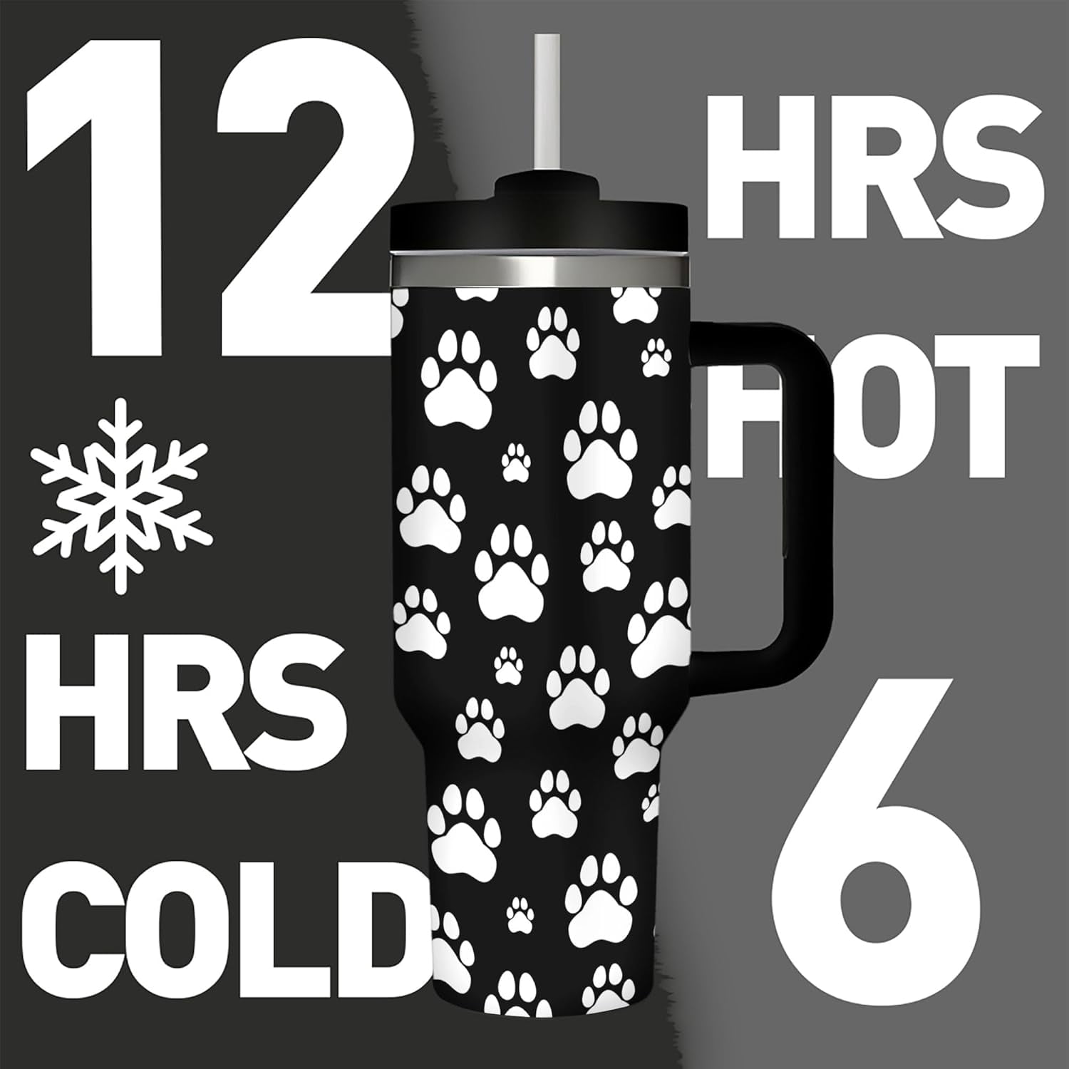Dog Paw Prints 40 Oz (1200 ml) Insulated Coffee Tumbler with Black Handle, Cute Reusable Stainless Steel Travel Mug Cup with Straw Lid for Women Men Party Birthday Gifts