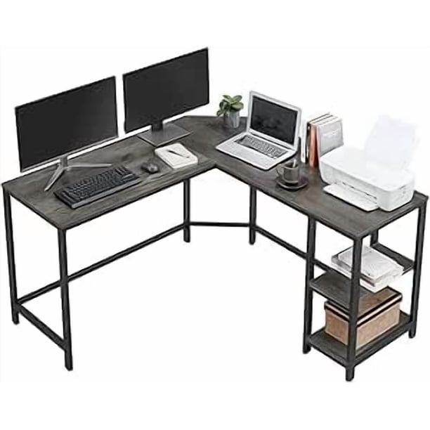 VASAGLE Escritorio, Mesa de Ordenador en Forma de L, 138 x 138 x 76 cm, con 2 Estantes, Ahorra Espacio, Gris Ahumado y Negro