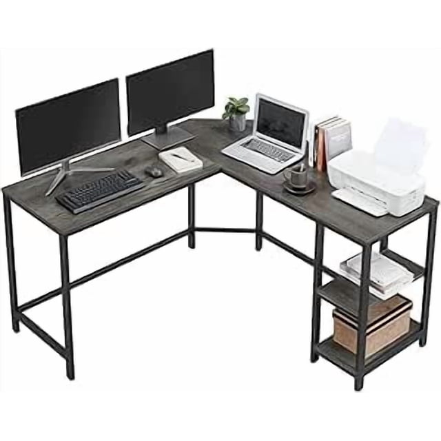 VASAGLE Escritorio, Mesa de Ordenador en Forma de L, 138 x 138 x 76 cm, con 2 Estantes, Ahorra Espacio, Gris Ahumado y Negro