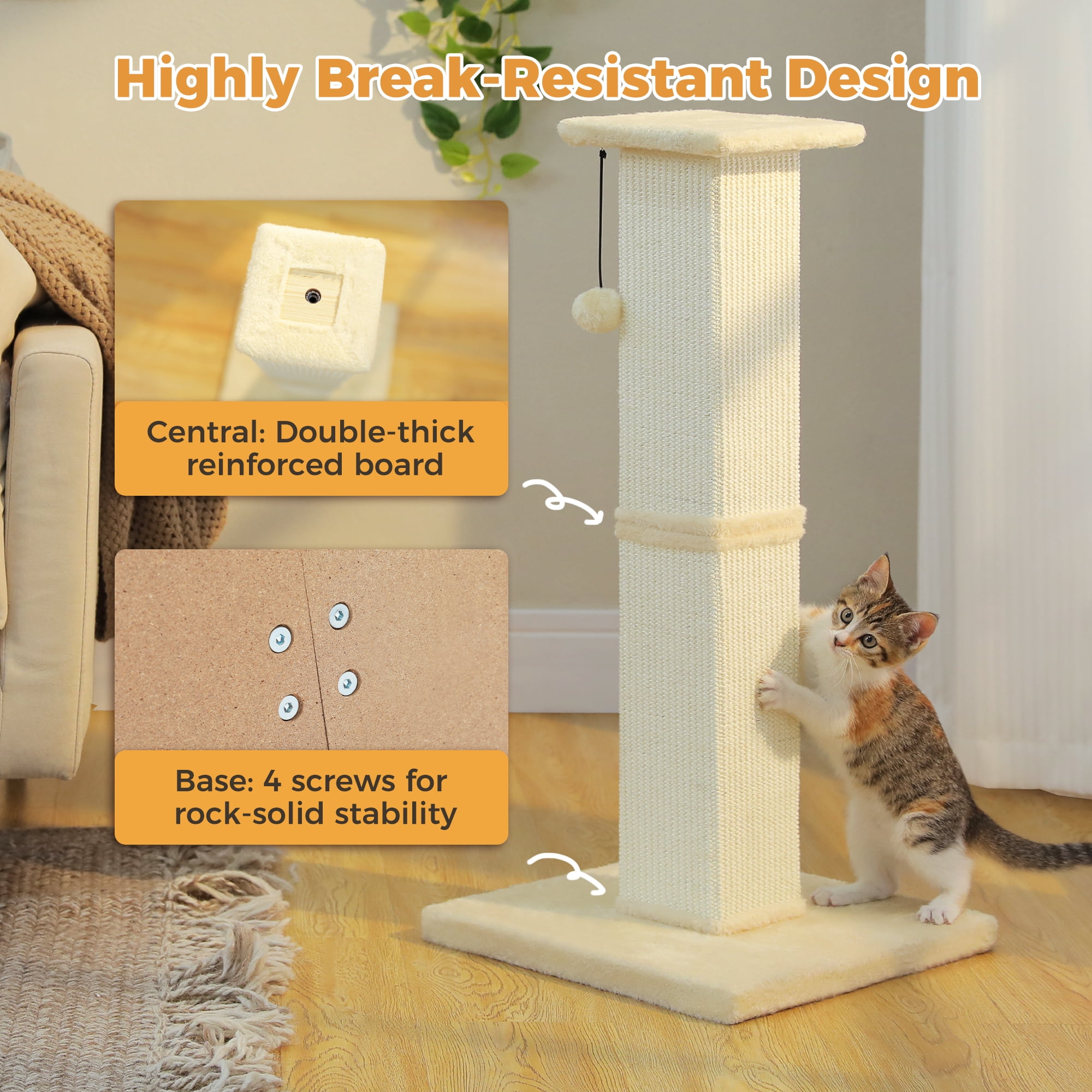 PAWZ Road 32" Tall Sisal Cat Scratching Post for Indoor Cats - Durable Cat Scratcher with Wide Base, Beige