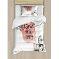 thumbnail image 1 of But First Coffee Duvet Cover Set Twin Size, Abstract Grunge Art Coffee Maker and Floral Lettering, Decorative 2 Piece Bedding Set with 1 Pillow Sham, Coral Seafoam White and Mustard, by Ambesonne, 1 of 3