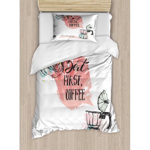 But First Coffee Duvet Cover Set Twin Size, Abstract Grunge Art Coffee Maker and Floral Lettering, Decorative 2 Piece Bedding Set with 1 Pillow Sham, Coral Seafoam White and Mustard, by Ambesonne