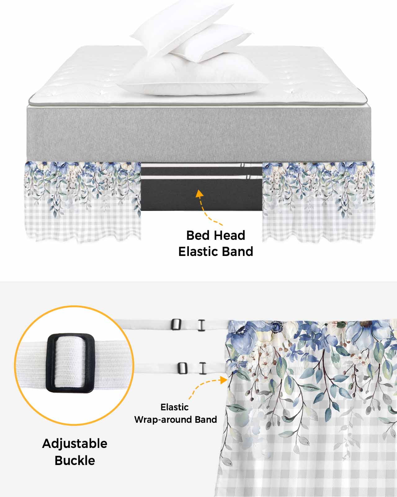 Eucalyptus Flowers Wrap Around Bed Skirts for Queen Bed 18" Drop,Bed Skirt with Adjustable Elastic Belt Dust Ruffle Bed Valance for Bedroom Hotel Botanical Floral Leaves Gray Plaid Bed Frame Cover