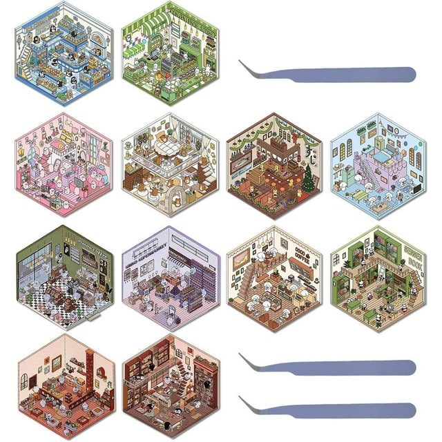 12 Juegos De Pegatinas 3D Diy Crea Tus Propias Escenas De Habitaciones En Miniatura Pegatinas De Supermercado Habitaciones Libro Pegatinas De Escenas En Miniatura 3D Con Dibujos Animados Para Adulto