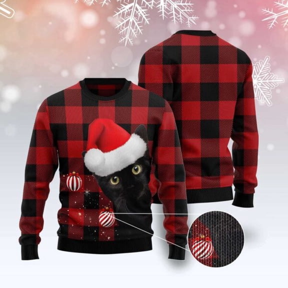 Plaid Pattern Black Cat Christmas Sweater, Christmas Cat Christmas Sweater, Cat Xmas Sweater