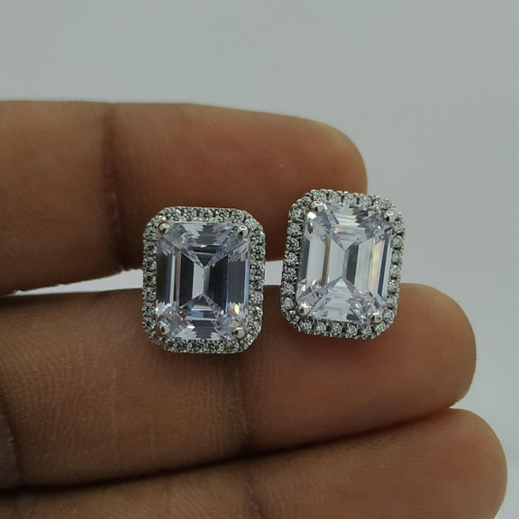4.00CT Emerald Cut Simulated White Diamond Halo Stud Earrings for Men & Women – 14K White Gold Plated 925 Sterling Silver Square Stud Earrings