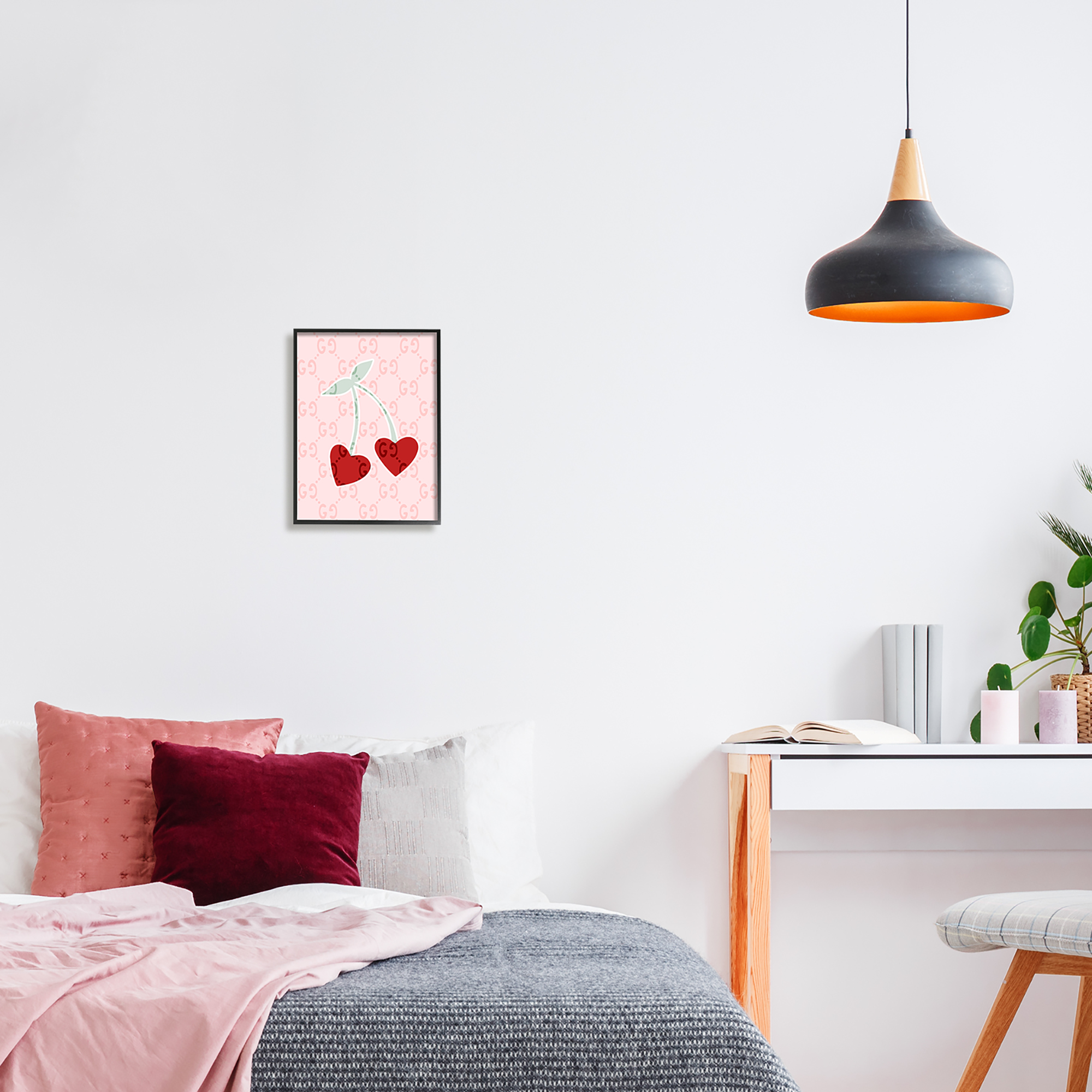 Stupell Industries Heart Cherry Pattern Food & Beverage Painting Black Framed Art Print Wall Art, 11 x 14