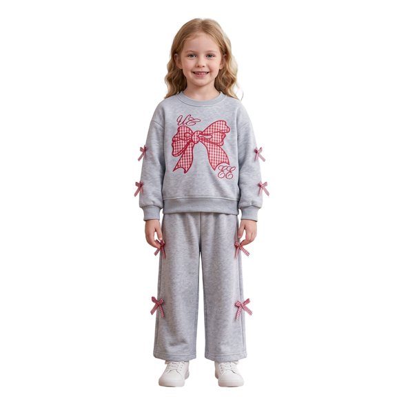 Afdoent Girls 2 Piece Outfit Embroidered Bow Hoodie Wide Leg Sweatpants Lightweight Fall Casual Two Piece Outfit 1-2 Years