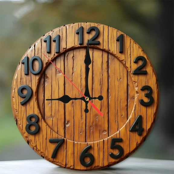 Rustic Wood Wall Clock Large Round Home Decor 10-Inch Silent Wooden Wall Clock, Battery Operated (AA Batteries Not Included), Artistic Home Decor