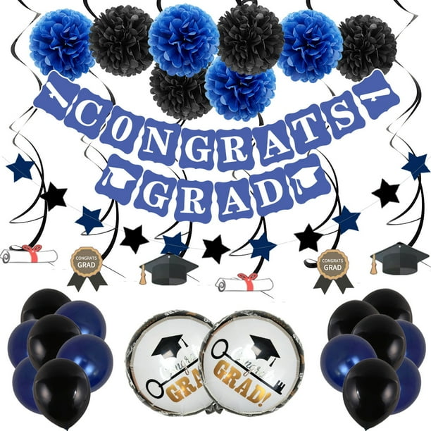 Decoraciones de globos de graduación (negro y azul), pancarta de abanico con borlas de papel, remolinos colgantes, guirnalda de confeti de graduación, globos de fiesta, suministros de decoración para