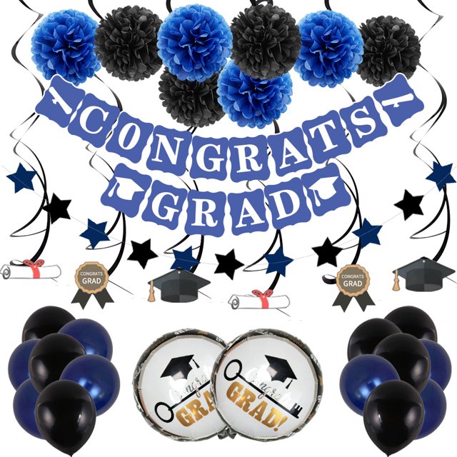 Decoraciones de graduación, felicitaciones negras y doradas, pancartas de graduación, pompones de papel de seda, decoraciones colgantes, remolinos, pancarta triangular, guirnaldas de globos ER