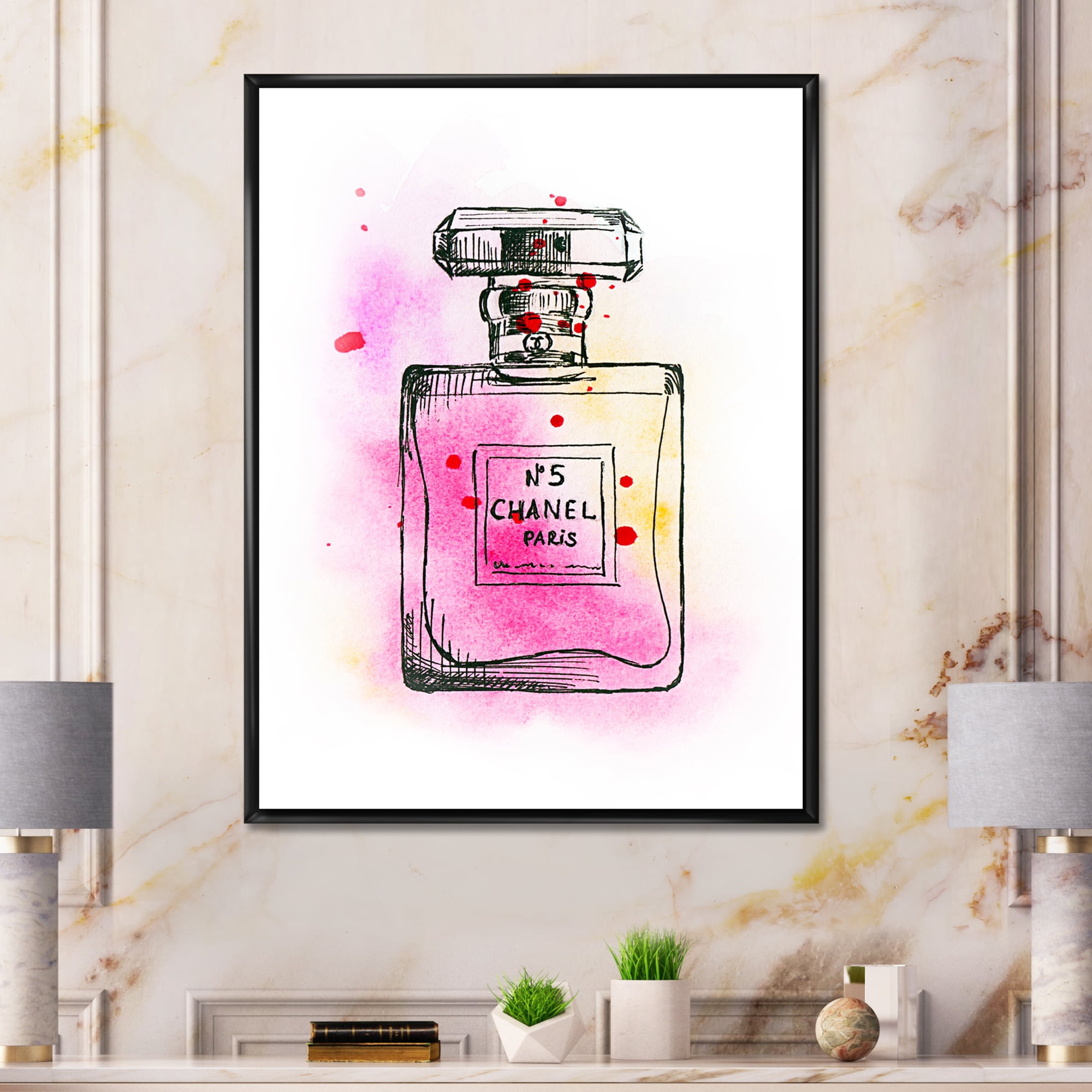 Perfume Chanel Five With Red Flowers 24 in x 32 in Framed