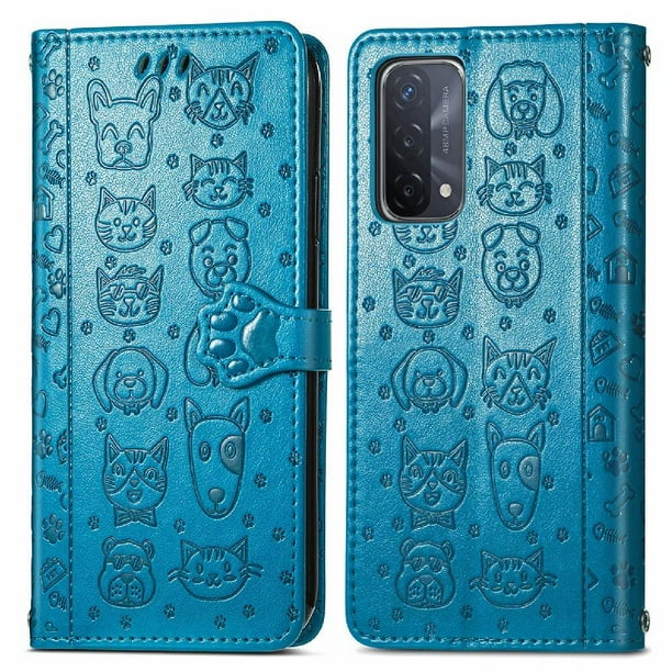 Funda Cartera FOXDOCK para OPPO A54 5G , Flip PU con Relieve de Gatos y Perros, Tarjetero y Soporte