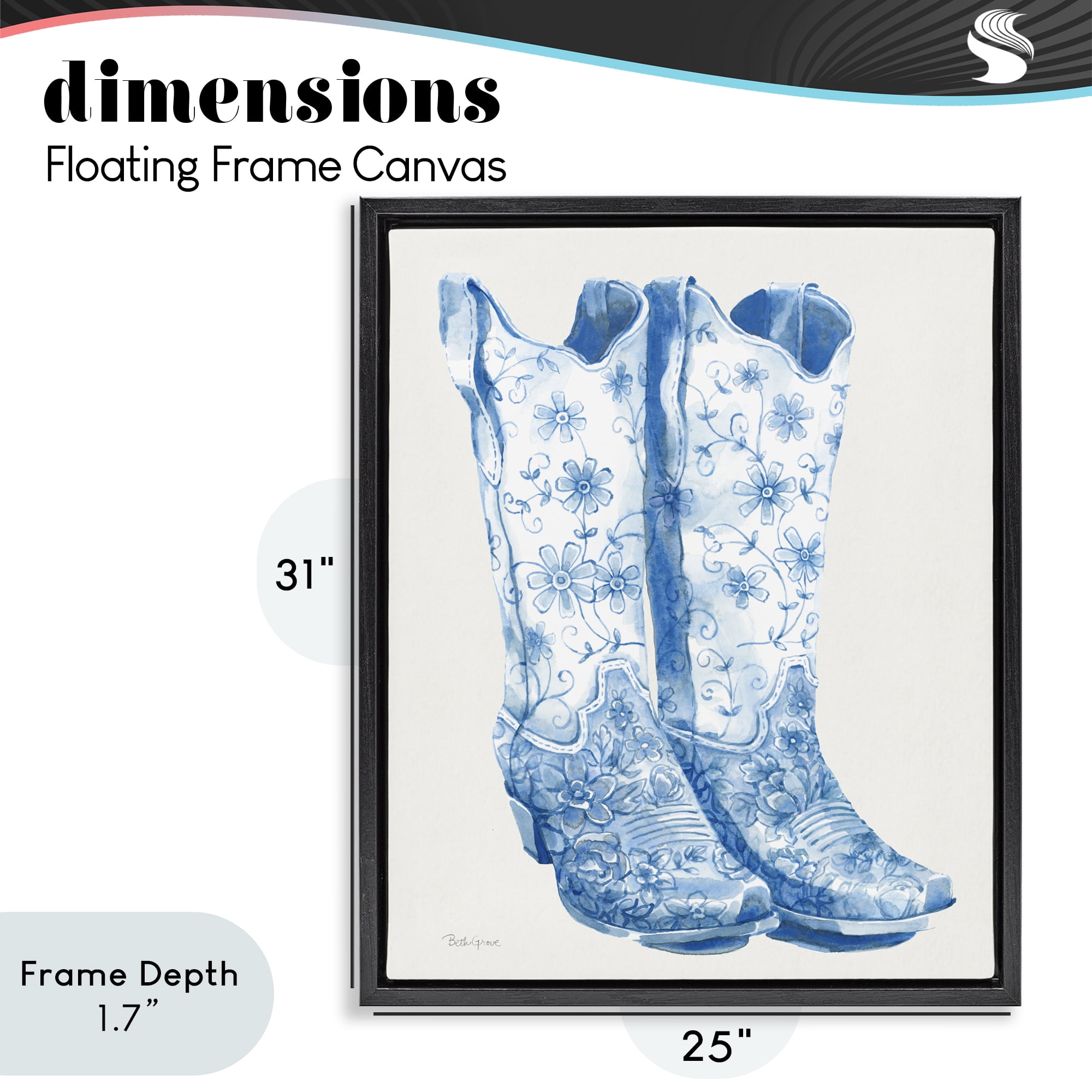 Stupell Industries Blue Boots with Floral Embroidery Black Framed Floater Canvas Wall Art, design by Beth Grove