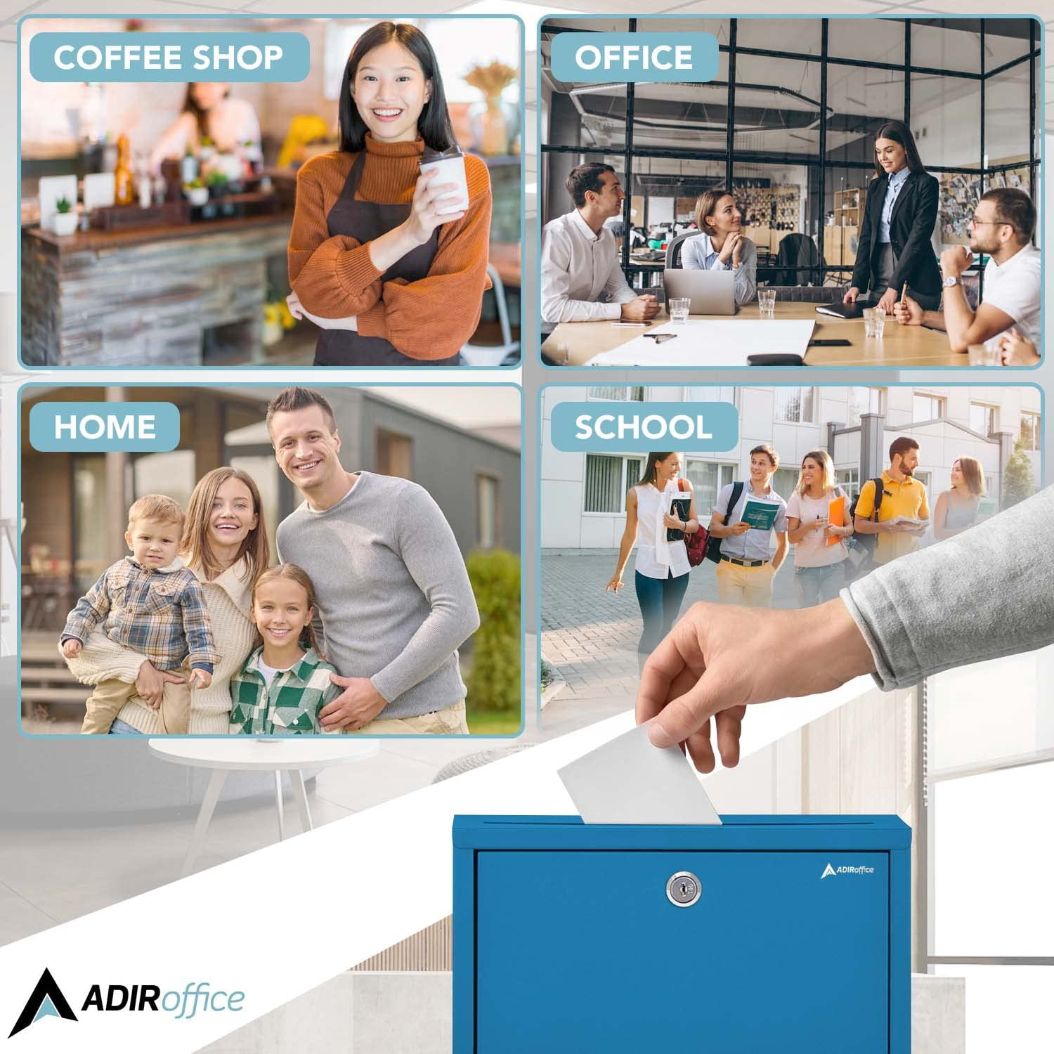 Adir Metal Suggestion Box with Lock and Slot, Wall Mount Deposit Box for Payments and Checks, Mailbox for house, Safe Drop Box with Keys - 3x10x12 Inch Blue