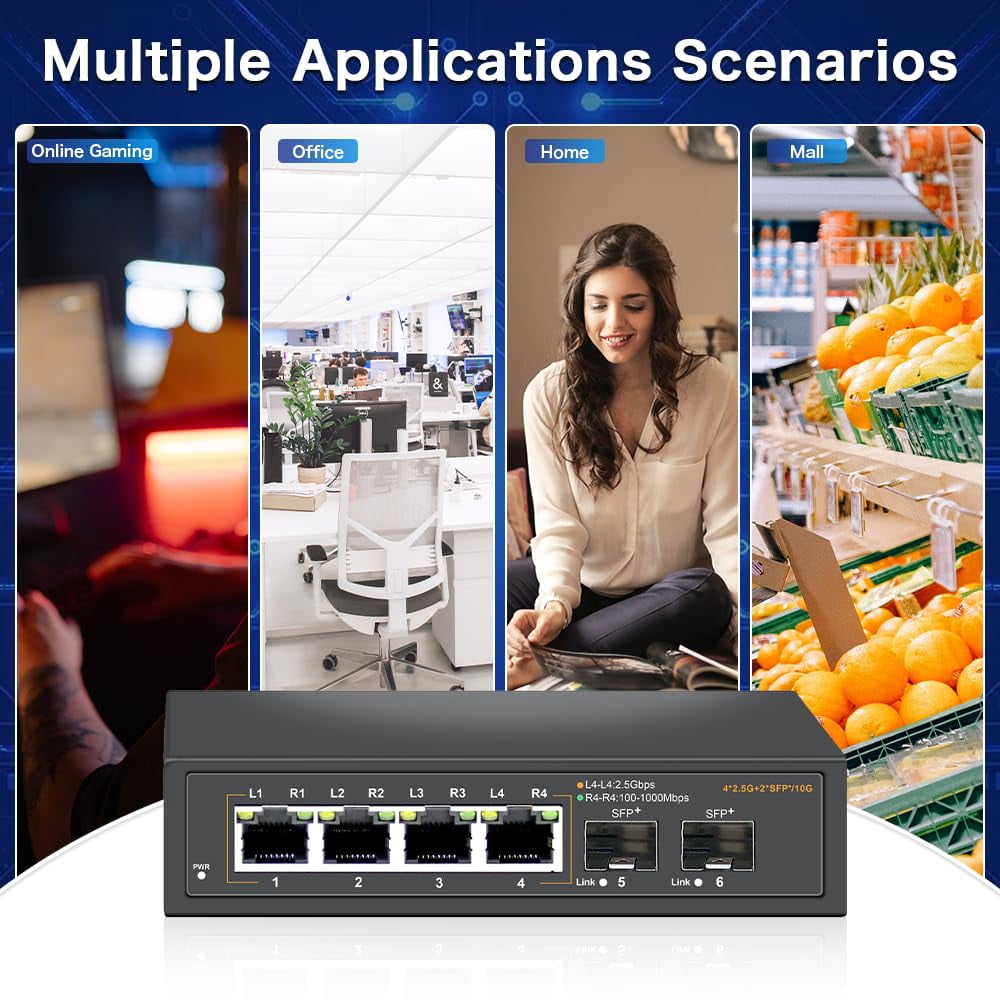 Davuaz 2.5G Unmanaged Ethernet Switch with 4 x 2.5G Base-T Ports and 2 x 10G SFP Uplink Port, Compatible with 100/1000/2500Mbps, Fanlesss Design, Plug & Play, Metal 2.5Gb Network Switch