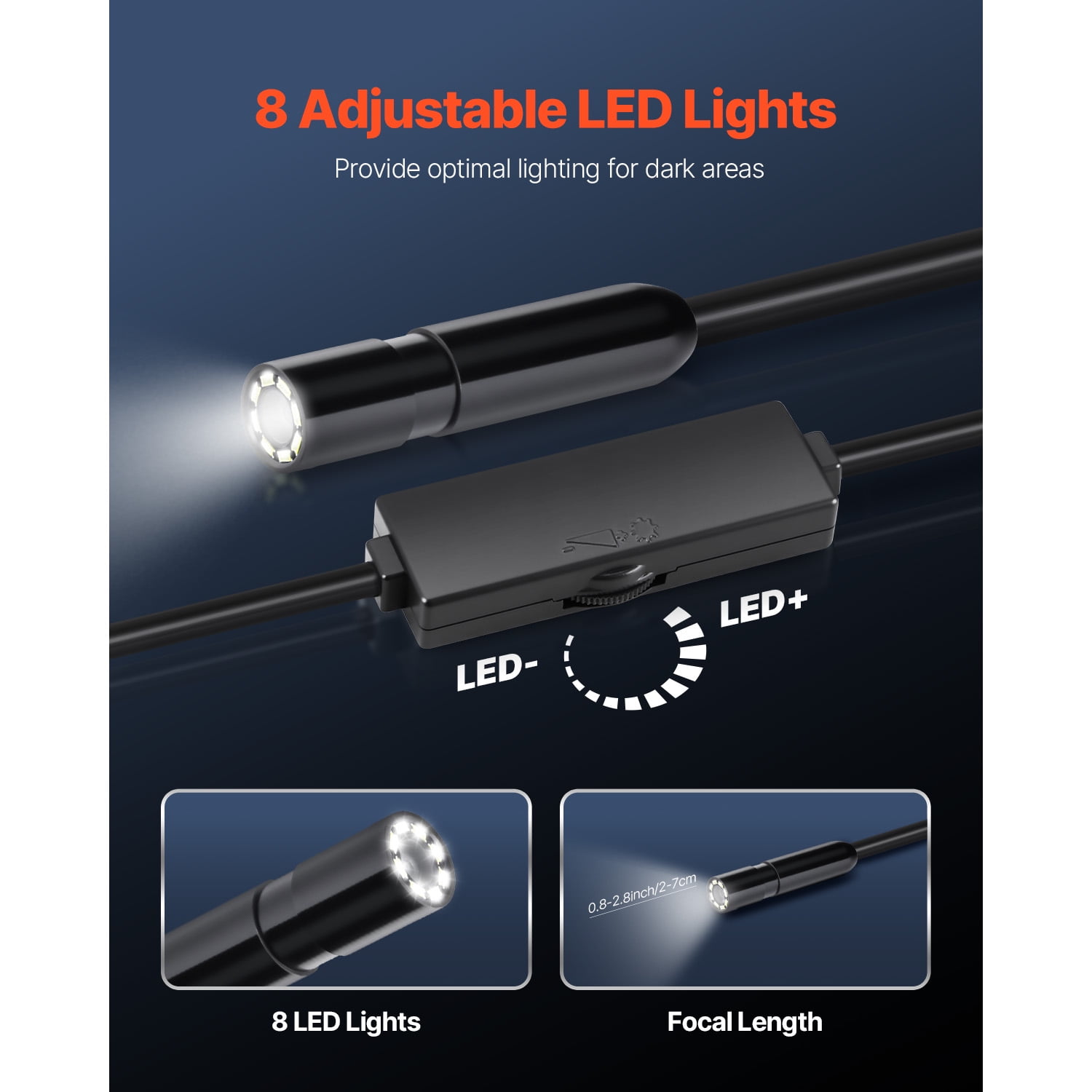 KFFKFF Endoscope Camera with Light, 1920P HD Borescope for Android & IOS, 8 LED Lights Inspection Camera with 10FT Semi-Rigid Cable, 2X Zoom, IP67 Waterproof Snake Scope for Automotive and Plumbing
