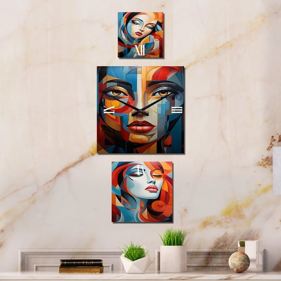 Designart "Cubic Portrait with Chromatic Elements" Abstract Collages Oversized Wall Clock - Set Of 3 - Extra large Clock For Office Décor - Large Contemporary Wall Clock