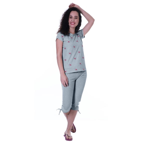 Moomaya Nightwear Set Embroidered Lips Top Solid 2 Piece Nightwear Capri Cotton Sleepwear Nightdress
