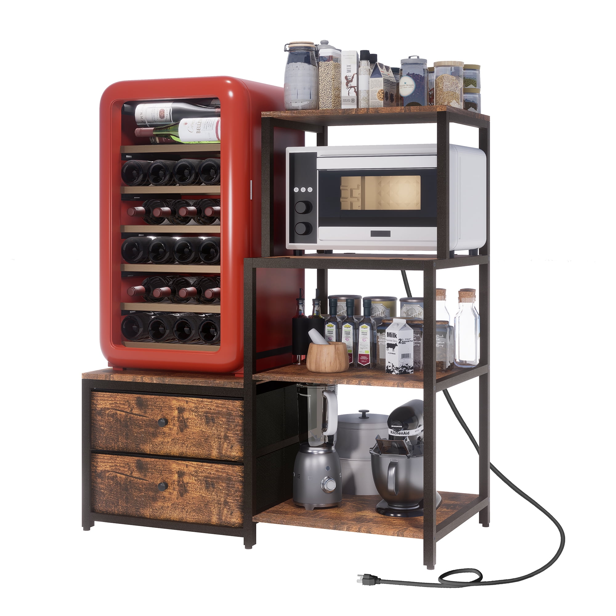 Cooday Mini Fridge Stand with Storage, Microwave and mini Fridge Stand with Power Outlet, Coffee Bar,Kitchen Baker,for Dorm,Office(Brown)