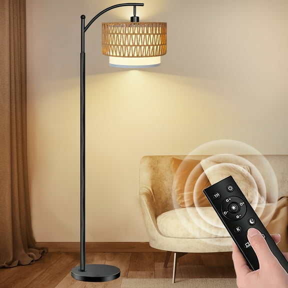 Arc Floor Lamp For Living Room With 3 Color Temperatures, Farmhouse Floor Lamps With Remote & Dimmable Bulb, Boho Standing Lamp With Rattan & Fabric Shades, Adjustable Tall Lamp For Bedroom, Office