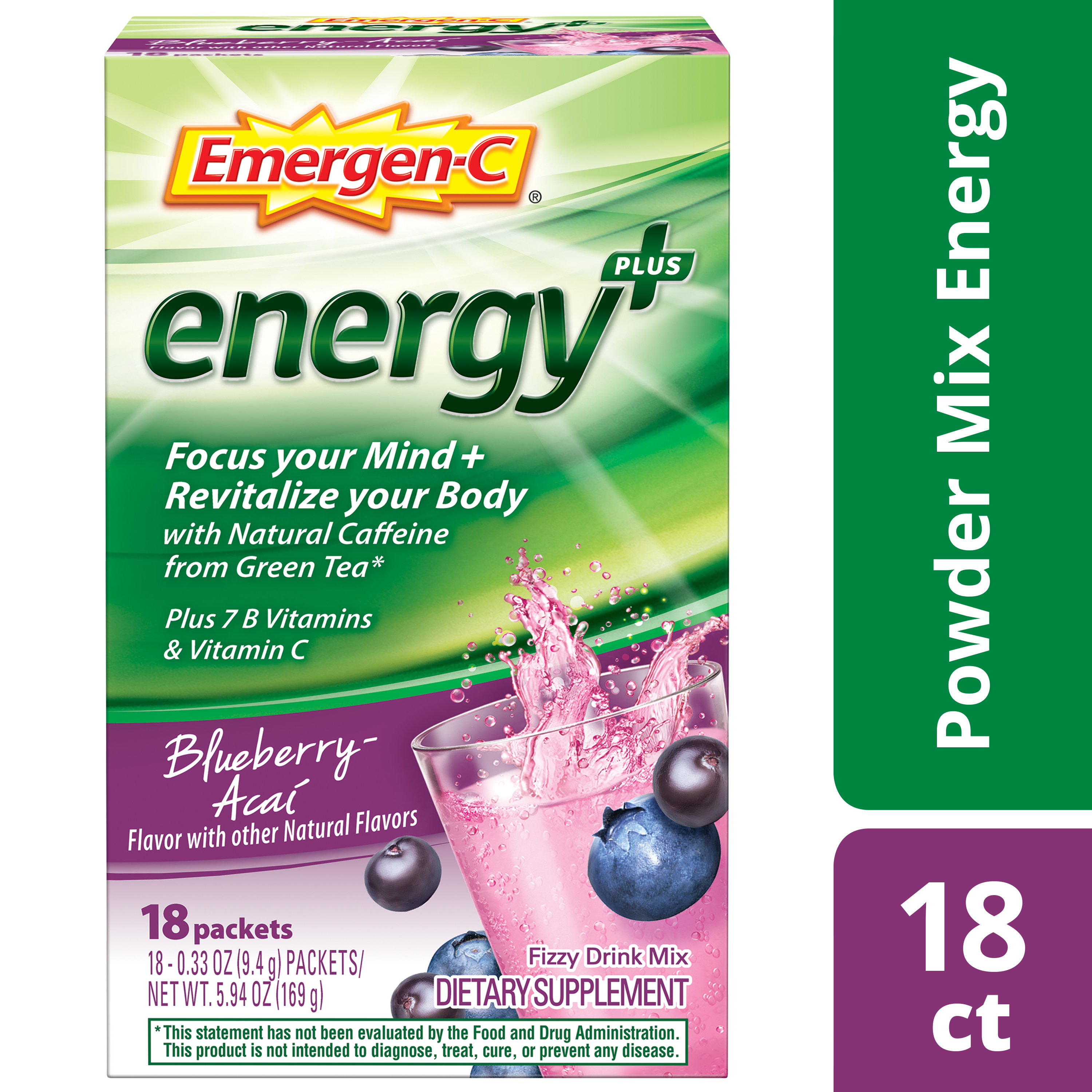EmergenC Energy+ (18 Ct, Blueberry Acai Flavor) Energy Drink Mix
