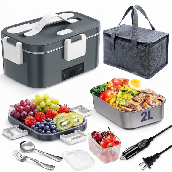 Electric Lunch Box Food Heater, Upgrade 100W High Power Portable Food Warmer, Heated Lunch Box for Adults Car/Home with 2L Removable Stainless Steel Container, 12V/24V/110V/220V,Grey