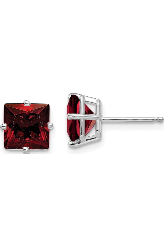 14K White Gold 7mm Princess Cut Garnet Earrings (7 X 7) Made In United States xe63wga