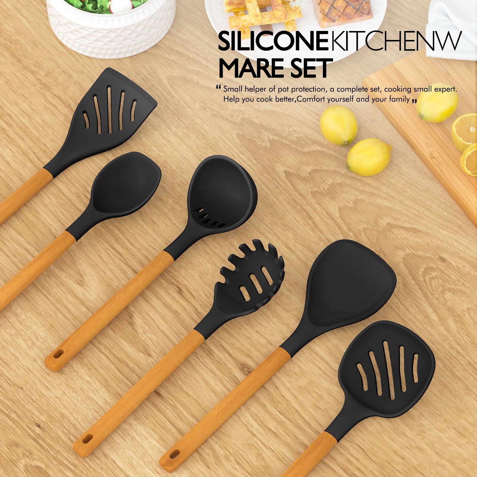 Large Silicone Cooking Utensils Set - Heat Resistant Silicone Utensils for Cooking w Long Wooden Handles, Kitchen Utensil Spatula Set, Kitchen Gadgets for Non-Stick Cookware, BPA Free(Black)