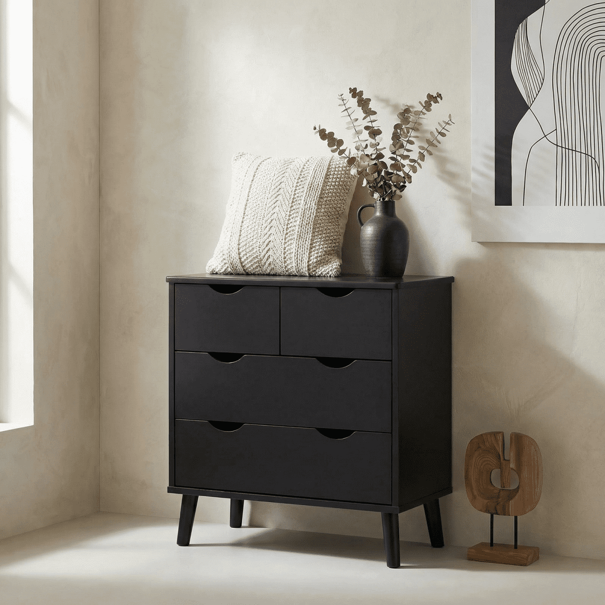 RichYa 4 Drawer Dresser for Bedroom Wood Storage Dresser Black Sofa Table Nightstand Chest of Drawer