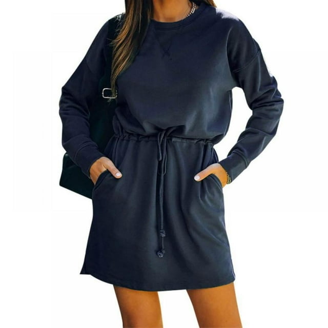 Robe Courte à Manches Longues avec Poche pour Femmes Printemps Été Col Taille Haute