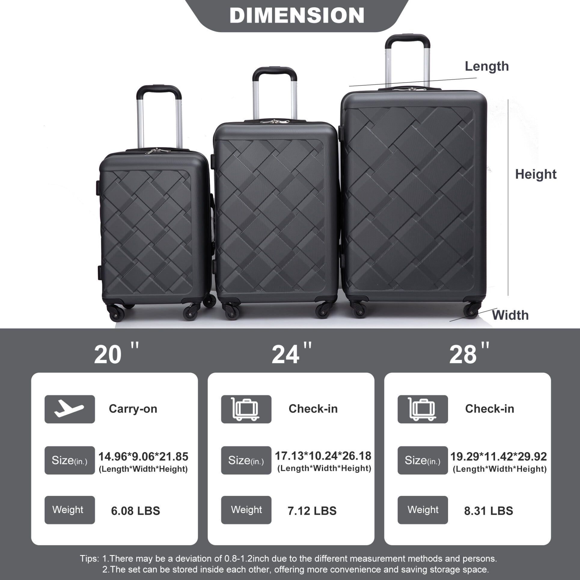 ABS Hardshell Luggage Set 8-Piece, 20/24/28 Inch Lightweight Suitcases with Spinner Wheels, Waterproof Shoe Bag + 4 Packing Cubes, TSA Lock for Short Trips, Long Journeys, Family Travel, Dark Grey