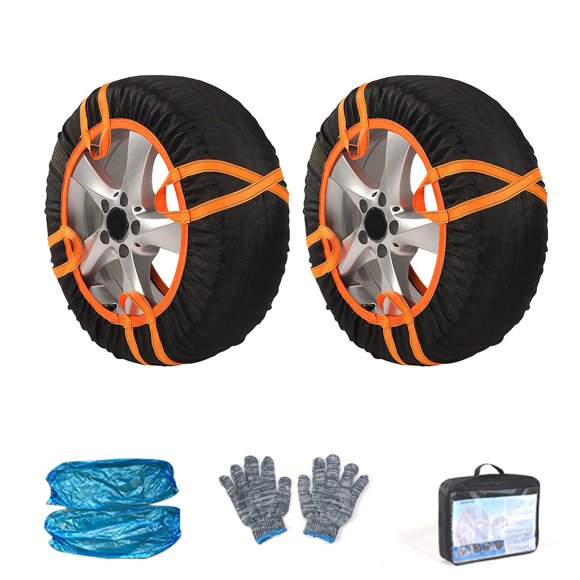 Orange & Black Polyester Anti-Skid Tire Snow Socks for Icy Roads - 2 Pack with Protective Sleeves, Gloves, Storage Bag & Manual - Max 40km/h Speed, Winter Essential Car Traction Aids