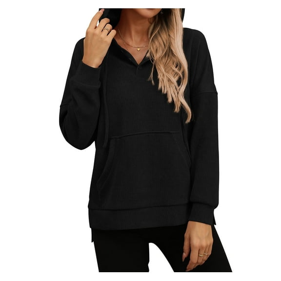 AskLazy Women's Long Sleeve Fall Side Spilt Hoodies with kangroo pocket Lightweight Sweatshirts,US SIZE,Black,M