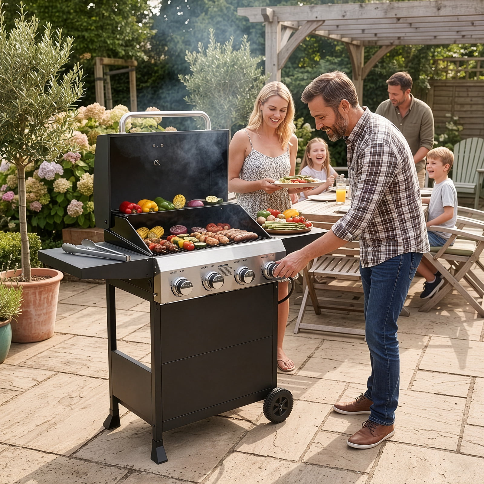 Ktaxon 4 Burner Propane Grill Gas Grill 48000 BTU with Lid,Ceramic Coated Cast Iron Rack,Side Shelves,Wheels