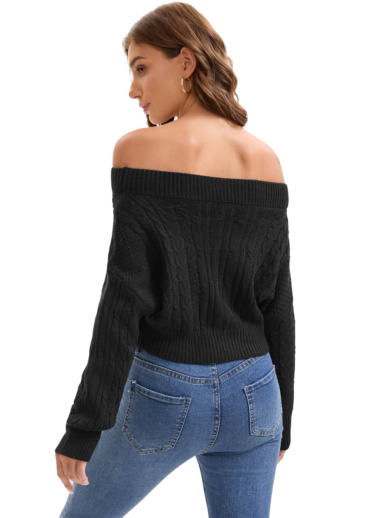 DARING DIVA Women's Off Shoulder Cable Knit Cropped Batwing Long Sleeve Sweater S Black