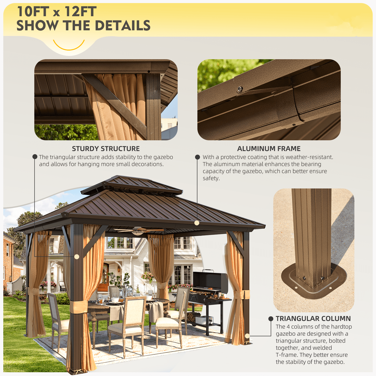 Hommow 10' X 12' Hardtop Gazebo Aluminum Frame Gazebo with Galvanized Steel Double Roof