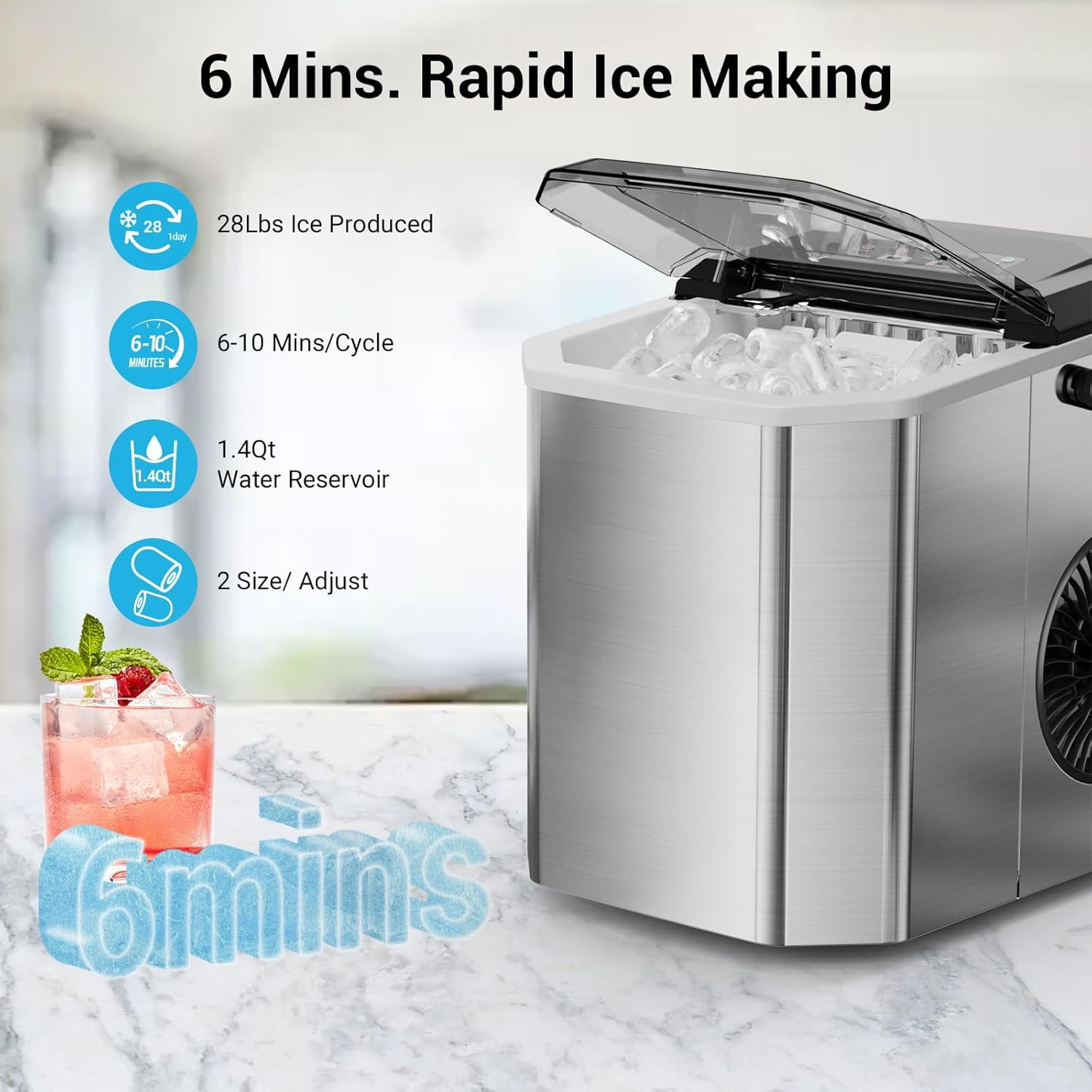 XUTUMM Portable Ice Maker Machine with WiFi, 2 Ice Sizes, Makes 9 Cubes in 6 Mins, 28 lbs per Day, Self-Cleaning Function, Includes Ice Scoop & Basket for Home, Kitchen