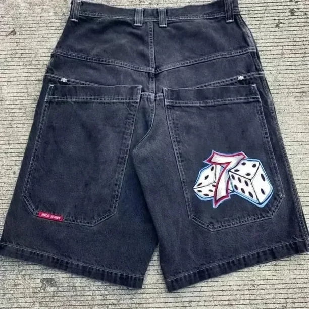 Pantalones cortos de mezclilla holgados con estampado de alas góticas para hombre, pantalones cortos de mezclilla con patrón de gran tamaño, moda popular de calle alta, verano de los años 2000, y2k