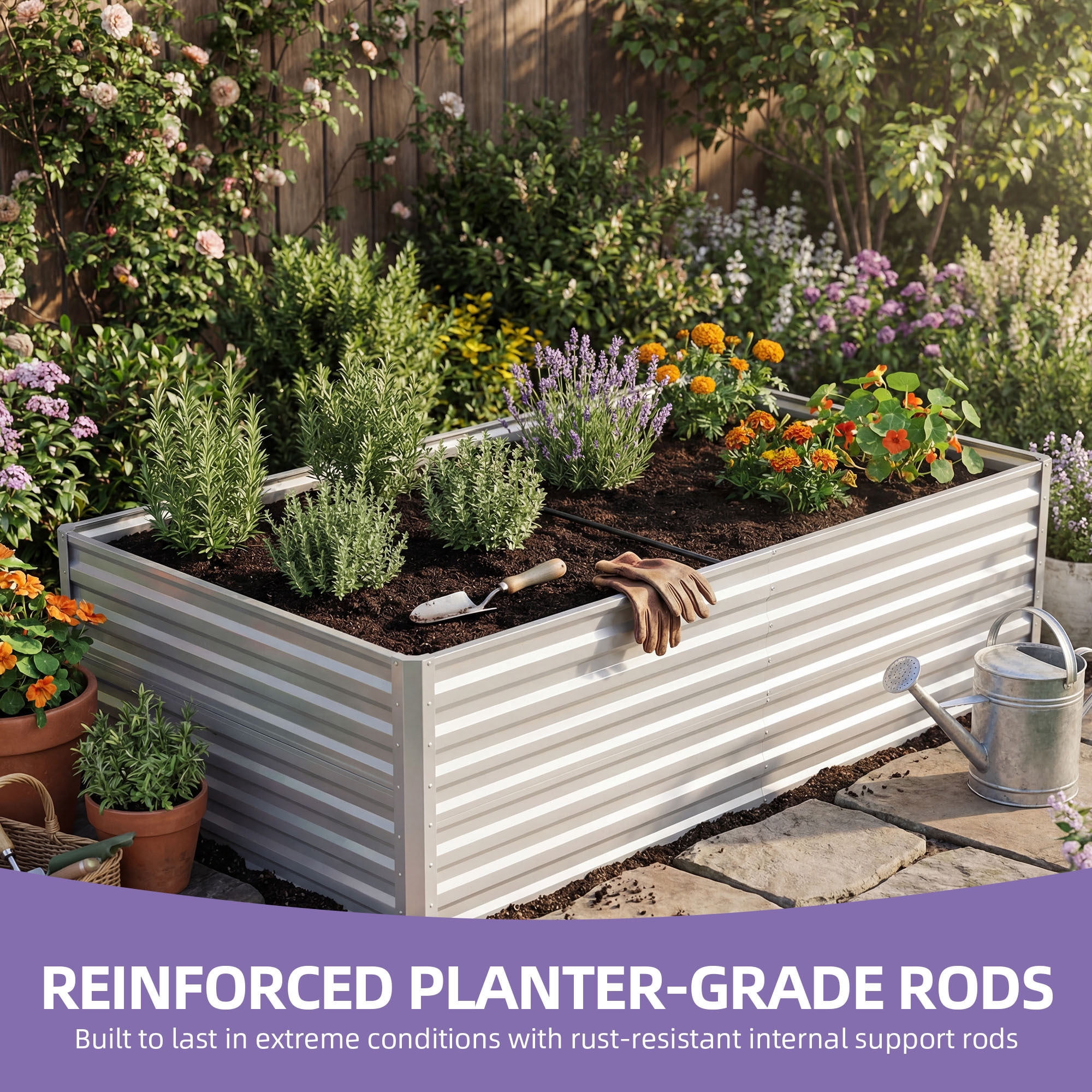 Uforic 6X3X2FT 1 Pack Galvanized Metal Raised Garden Bed Kit with Gardening Gloves & Support Rod, Outdoor Above Ground Planter Box for Plants Vegetables Flowers, Silver
