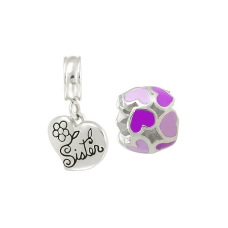 Stainless Steel Enamel Heart Charm and Sister Dangle Charm Set