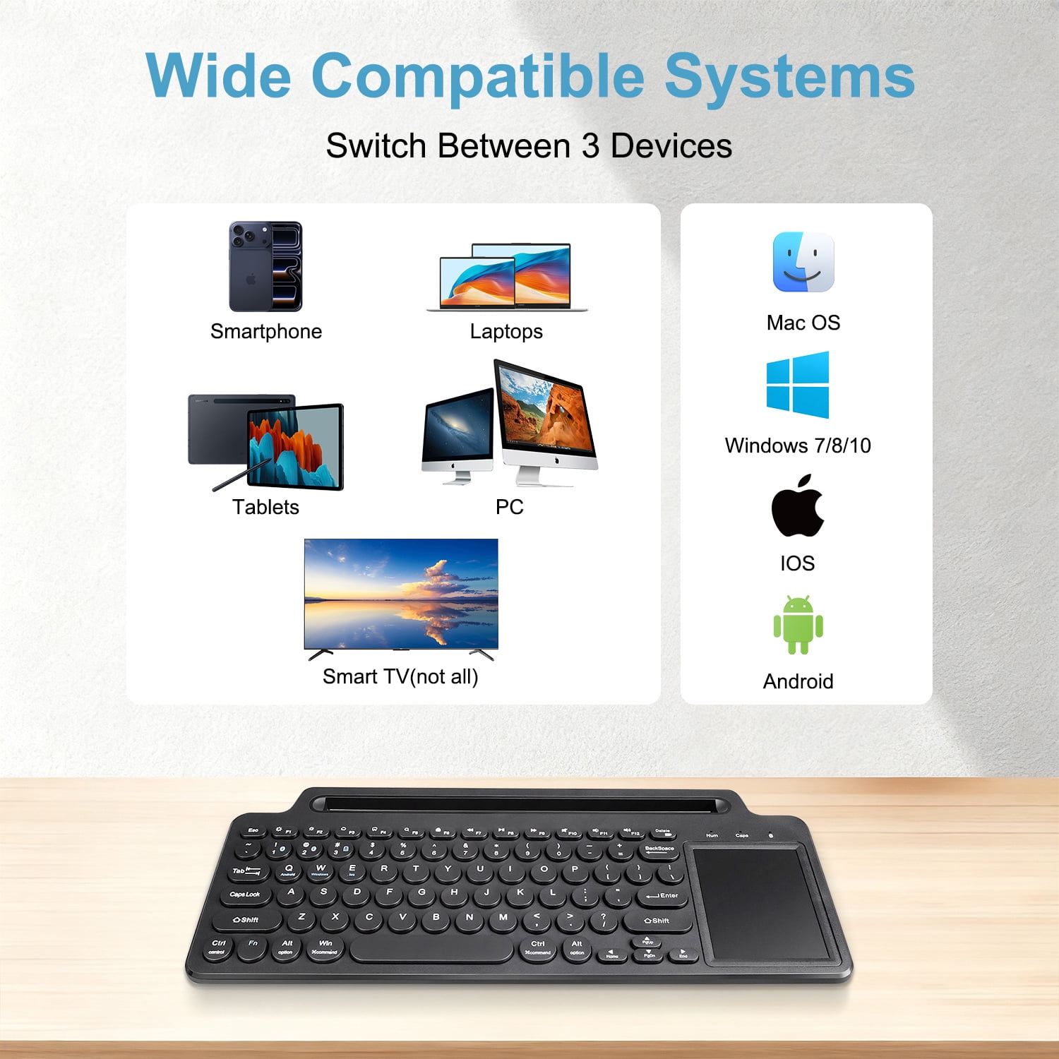 2.4G Wireless Keyboard with Touchpad, Multi-Device Bluetooth Keyboard with Built-in Cradle, Portable Computer Keyboard Quiet Computer Keyboard with Multimedia Keys for PC Computer Tablet Laptop
