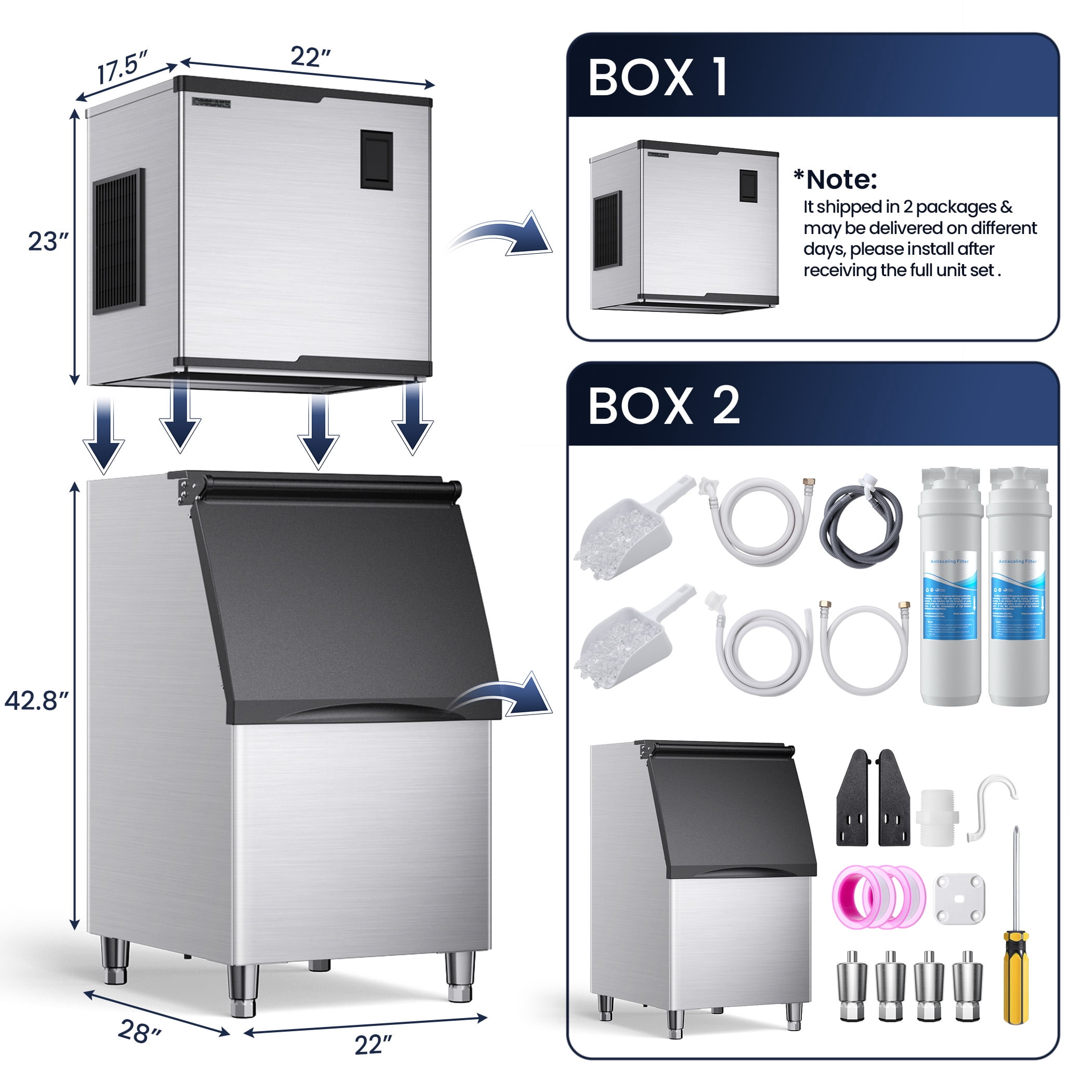 Coolake 22" 450lbs Commercial Cube Ice Maker, 360lbs Storage, Stainless Steel, Antiscaling Filter