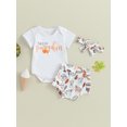 thumbnail image 2 of Wassery 3PCS Baby Girl Outfits Set Short Sleeve Letters Pumpkin Print Romper +Drinks Print Shorts+ Headband Set 3 6 12 18 Months Infant Halloween Clothes, 2 of 8