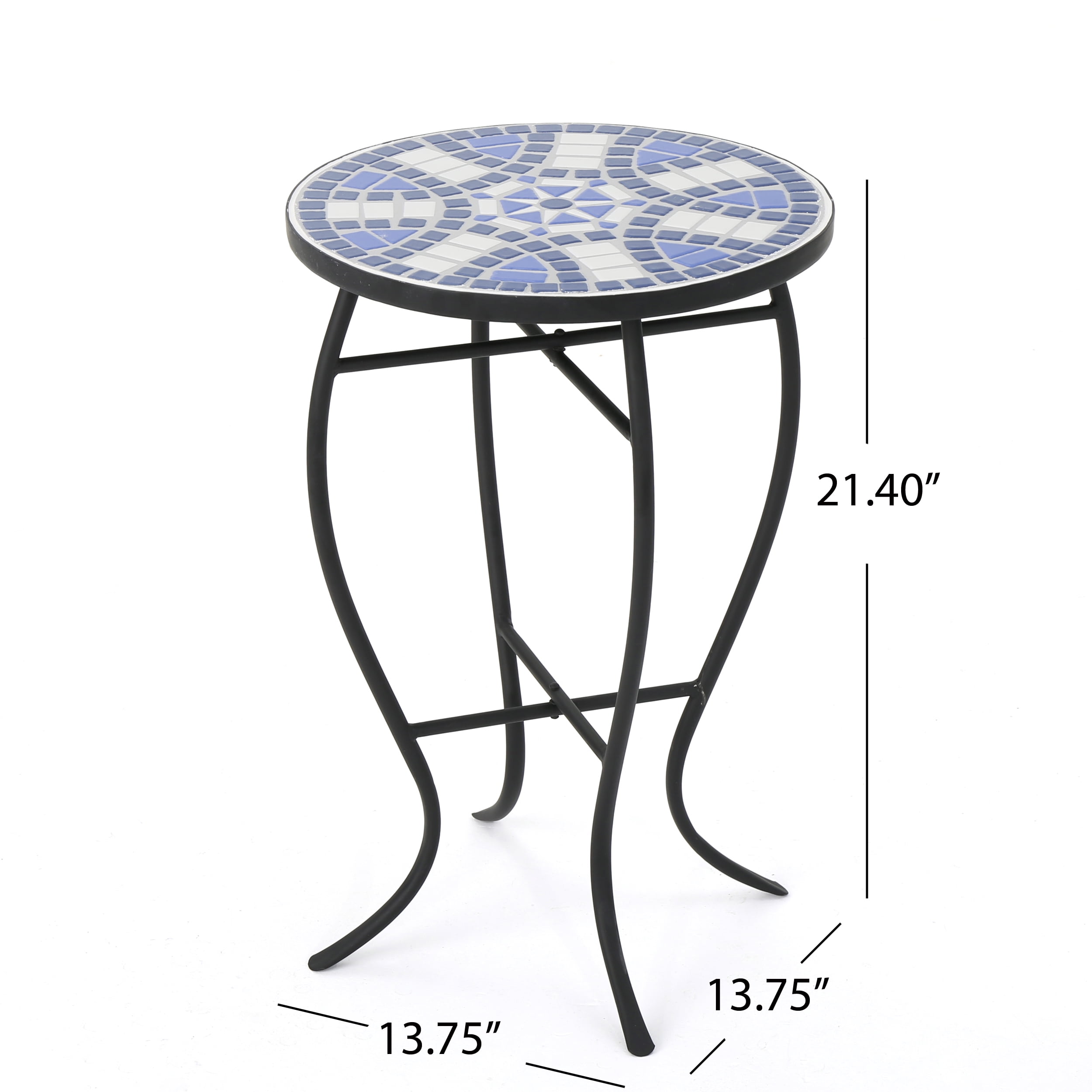 Outdoor Round Mosaic Top Side Table, Artistic Decor End Table for Patio Garden, Blue and White