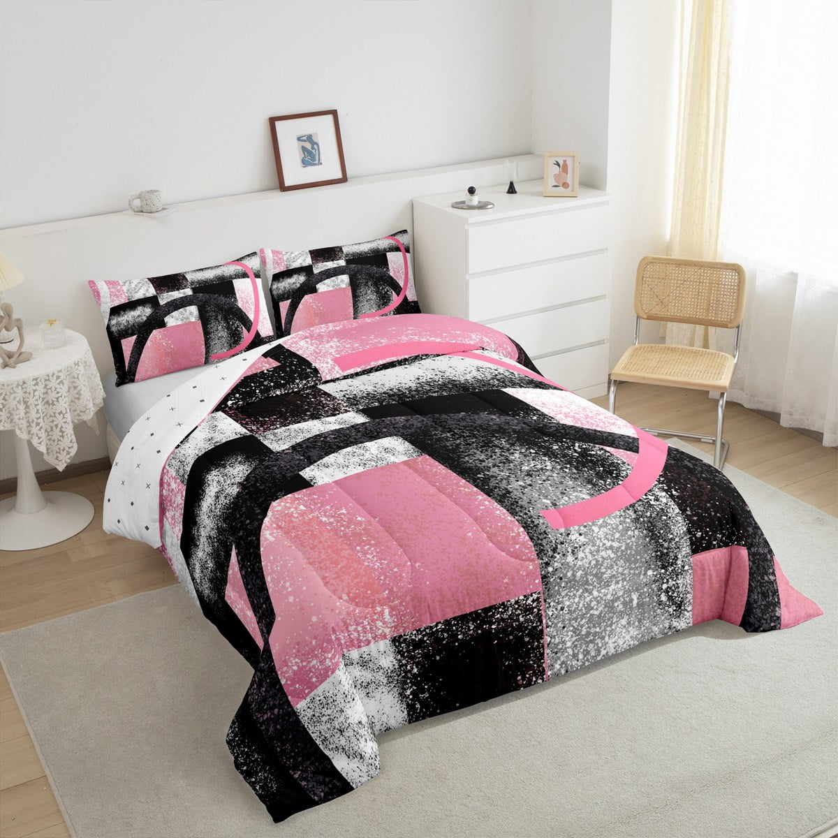 Manfei Circle Geometric Bedding Sets Full with Comforter, Grey Pink Comforter Sets Full Size, Abstract Stripes Reversible Down Comforter, Ultra Soft Bedroom Decorative, 3pcs
