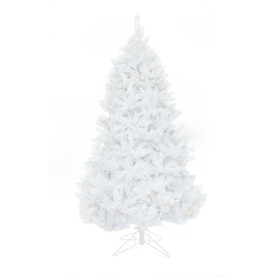 Perfect Holiday 7.5 Ft Prelit Spruce Christmas Tree, crafted with 1311 realistic tips and 650 clear LED Bulbs with Metal Stand, White