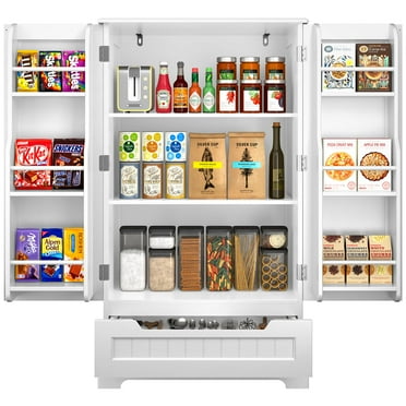Lofka 41" Kitchen Pantry Storage Cabinet with 1 Drawer and 8 Shelves and 2 Magnetic Doors, White